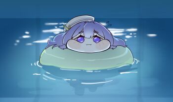 1girl :i afloat anchor_hair_ornament center-flap_bangs chibi chibi_only closed_mouth flying_sweatdrops hair_ornament hat highres i'll_teach_you_everything_(chainsaw_man) innertube keibi_inu long_hair partially_submerged pool purple_eyes purple_hair sailor_hat solo swim_ring trickcal water white_hat yomi_(trickcal)