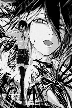 1girl blue_eyes chainsaw_man choker collared_shirt grenade_pin greyscale hair_between_eyes highres looking_at_viewer madaosw monochrome neck_ribbon open_mouth reze_(chainsaw_man) ribbon shirt shorts sleeveless sleeveless_shirt solo spot_color thighhighs