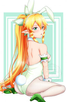 Rule 34 | 1girl, animal ears, ass, bare shoulders, blonde hair, braid, breasts, commentary request, elf, fake animal ears, fishnet pantyhose, fishnets, from behind, green eyes, green shoes, hair between eyes, high heels, highres, ken-ji, large breasts, leafa (sao), leotard, long hair, looking at viewer, pantyhose, playboy bunny, pointy ears, ponytail, rabbit tail, shoes, sitting, solo, sword art online, tail, twin braids, white leotard