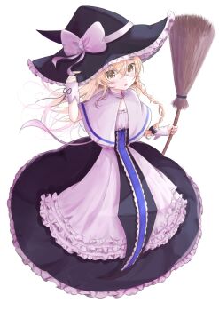 1girl akaneirotown black_bow black_hat blonde_hair blush bow braid broom commentary_request curiosities_of_lotus_asia hair_bow hat hat_bow highres holding holding_broom kirisame_marisa looking_at_viewer official_alternate_costume open_mouth side_braid simple_background single_braid solo touhou white_background white_bow witch_hat wrist_cuffs yamutarou yellow_eyes