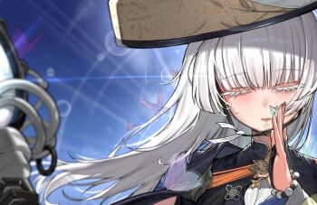 1girl absurdres closed_eyes goddess_of_victory:_nikke hat highres holding holding_staff ko_uniii long_hair monk nayuta_(nikke) shakujou solo staff thick_eyelashes upper_body white_hair