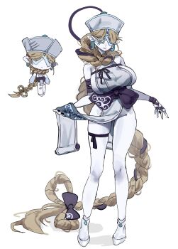 1girl absurdres bandaged_arm bandaged_hand bandages bare_shoulders black_nails blonde_hair bow braid breasts closed_mouth commentary covered_eyes dress earrings fingernails hair_bow hanakonenne hat highres huge_breasts jewelry jiangshi long_braid long_fingernails long_hair nail_polish ofuda ofuda_on_head original pale_skin purple_bow purple_ribbon qingdai_guanmao ribbon shoes sideboob single_braid sleeveless sleeveless_dress standing thigh_strap thighs very_long_hair white_dress white_hat white_shoes zombie