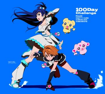 2girls arm_warmers betti_(xx_betti) black_arm_warmers black_capelet black_leg_warmers black_skirt blue_background blue_eyes blue_hair bow brown_eyes brown_hair capelet cure_black cure_white dress dynamic_pose fingerless_gloves frills futari_wa_precure gloves hair_bow hand_on_ground highres leg_warmers long_hair looking_at_viewer looking_to_the_side magical_girl mepple mipple misumi_nagisa multiple_girls open_mouth precure short_hair shorts shorts_under_skirt simple_background skirt standing standing_on_one_leg white_arm_warmers white_capelet white_dress white_gloves white_leg_warmers yukishiro_honoka