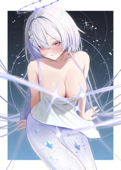 1girl absurdres blush border bottomless censored chinese_commentary clothes_pull collarbone colored_eyelashes commentary earrings english_commentary eyes_visible_through_hair grey_hair groin hair_intakes hair_ornament hair_over_one_eye halo highres jewelry long_hair looking_at_viewer mixed-language_commentary mornye_(wuthering_waves) multilingual_commentary red_eyes see-through_body shirt shirt_pull sitting solo star_censor tacet_mark_(wuthering_waves) triangle_earrings wasami white_border white_shirt wuthering_waves