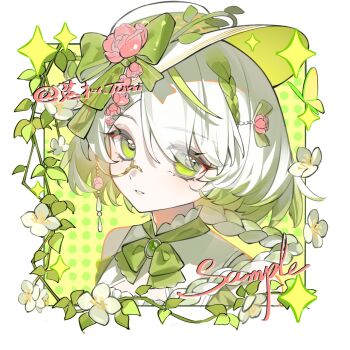1girl artist_name border bow bowtie braid commission eyelashes flower gem gradient_hair green_bow green_bowtie green_eyes green_gemstone hair_ornament hat hat_bow hat_flower hat_ornament highres long_hair looking_at_viewer mihuashi_commission monocle multicolored_hair original parted_lips pink_flower plant portrait sample_watermark solo sparkle square tuni_(weibo_5659389536) vines watermark white_border white_flower