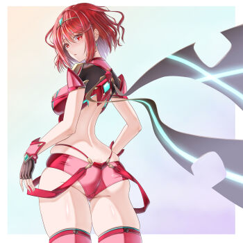 1girl absurdres ass border breasts commentary_request cowboy_shot earrings from_behind gradient_background highres jewelry large_breasts pyra_(xenoblade) red_eyes red_hair red_shorts short_hair short_shorts shorts skindentation solo tiara wade_(njud8343) white_border xenoblade_chronicles_(series) xenoblade_chronicles_2