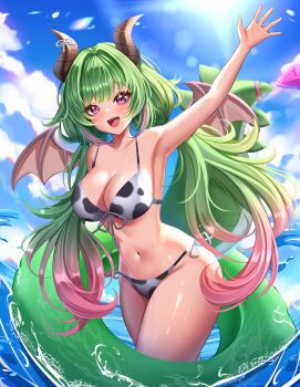 1girl absurdres animal_print arm_up bikini biyo_yoo blue_sky blush breasts cleavage cloud commentary cow_print cow_print_bikini day dragon_girl dragon_horns dragon_tail dragon_wings english_commentary eyelashes fang glitch_stars gradient_hair green_hair hair_intakes highres holding holding_swim_ring horn_ornament horn_ribbon horns innertube lens_flare lips multicolored_hair navel open_mouth outdoors pink_eyes pink_hair print_bikini ribbon second-party_source shiny_skin side-tie_bikini_bottom skin_fang sky smile solo stimpak_(glitch_stars) stomach sun swim_ring swimsuit tail teeth two-tone_hair upper_teeth_only virtual_youtuber wading water white_ribbon wings