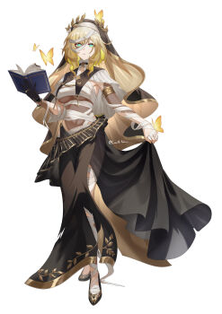 Rule 34 | 1girl, aglaea (honkai: star rail), alternate costume, armlet, bandages, blonde hair, book, breast curtains, breasts, bug, butterfly, frills, full body, gloves, gold trim, green eyes, hashtag-only commentary, high heels, highres, holding, holding book, honkai: star rail, honkai (series), insect, jewelry, large breasts, laurel crown, lucio (luci0 52), nun, short hair, veil, white background