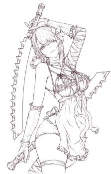 1girl asymmetrical_bangs bandaged_neck bandages braid braided_hair_rings breasts dual_wielding flower greyscale hair_flower hair_ornament hair_rings holding holding_sword holding_weapon kaine_(nier) large_breasts lingerie looking_at_viewer monochrome negligee nier nier_(series) panties parted_lips serrated_blade simple_background solo standing sword tomozoo83 underwear weapon white_background