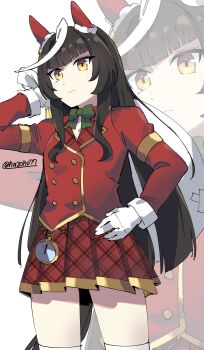 1girl absurdres animal_ears armlet blunt_bangs bow bowtie brown_hair calstone_light_o_(umamusume) christmas commentary_request ear_covers gold_armlet green_bow green_bowtie highres horse_ears horse_girl horse_tail jewelry light_frown long_hair long_sleeves multicolored_hair nazono77 plaid_clothes plaid_skirt pocket_watch simple_background single_bare_shoulder skirt solo tail thighs twitter_username umamusume watch white_background white_hair yellow_eyes