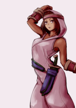 1girl breasts brown_eyes brown_hair dark-skinned_female dark_skin final_fantasy final_fantasy_tactics gloves hanemikakko headband hood knife looking_at_viewer open_mouth rapha_galthena robe short_hair simple_background solo white_background