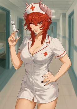 absurdres bed cross dragon_girl dragon_horns fingernails hat highres holding holding_syringe horns hospital hospital_bed indie_virtual_youtuber injection meibin nail_polish nurse nurse_cap one_eye_closed orange_eyes piercing red_cross red_hair sharp_fingernails sharp_teeth syringe teeth tongue tongue_out virtual_youtuber zentreya