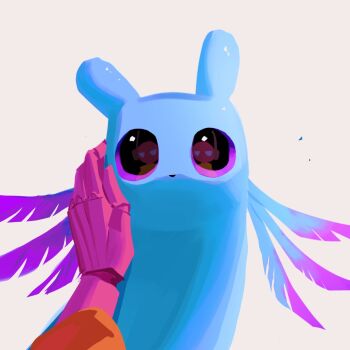 axolotl_ears blue_skin close-up colored_skin commentary_request creature creature_focus eye_reflection five_pebbles highres iterator_(rain_world) korean_commentary no_humans no_mouth pink_eyes pink_skin rain_world reflection rice_candy rivulet_(rain_world) robot robot_ears simple_background slugcat white_background