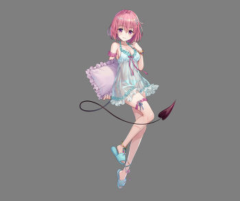 1girl anklet aqua_babydoll aqua_panties aqua_sandals babydoll black_tail bracelet breasts cleavage closed_mouth demon_tail flower full_body grey_background hair_flower hair_ornament holding holding_pillow jewelry looking_at_viewer medium_breasts momo_velia_deviluke official_art panties pillow pink_eyes pink_hair ragnador sandals see-through_clothes short_hair simple_background smile solo tail to_love-ru underwear