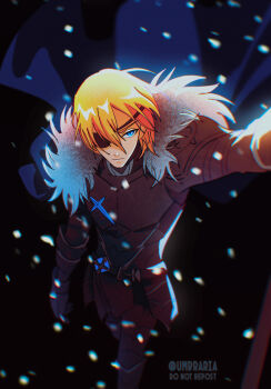 Rule 34 | 1boy, armor, black armor, blonde hair, blue eyes, chromatic aberration, commentary, dimitri alexandre blaiddyd, expressionless, eyepatch, feet out of frame, fire emblem, fire emblem: three houses, from above, fur trim, highres, male focus, nintendo, snowing, solo, tumblr username, umbra (edits umbra), watermark