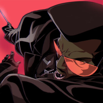 1boy black_coat black_facial_hair black_gloves black_hair blade_(marvel) blade_(series) brown_eyes coat commentary dark-skinned_male dark_skin dynamic_pose english_commentary facial_hair fangs gloves highres holding holding_sword holding_weapon incoming_attack male_focus marvel red-tinted_eyewear red_background solo sword thechaseconley tinted_eyewear upper_body vampire weapon zipper