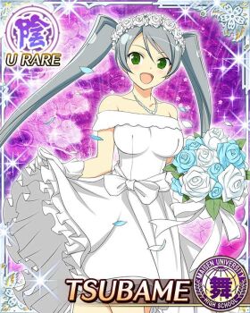 Rule 34 | 1girl, :d, border, bouquet, breasts, bride, card (medium), character name, dress, flower, flower hairband, game cg, gloves, green eyes, grey hair, hair flower, hair ornament, high heels, holding, holding bouquet, large breasts, lifting own clothes, long hair, looking at viewer, official art, open mouth, petals, rose, senran kagura, senran kagura new wave, smile, solo, standing, standing on one leg, strapless, strapless dress, swept bangs, third-party source, tsubame (senran kagura), twintails, very long hair, wedding dress, white dress, white flower, white gloves, white rose