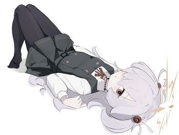 1girl absurdres arm_at_side black_dress black_pantyhose blue_archive blush brown_eyes brown_ribbon buttons closed_mouth collared_shirt commentary double-breasted dress full_body grey_hair hair_ornament hair_over_one_eye halo hand_up highres kanoe_(blue_archive) knees_up long_hair long_sleeves looking_at_viewer lying mi_kan_(1101515378) neck_ribbon no_shoes on_back one_eye_covered pantyhose pleated_dress ribbon scar scar_on_neck shadow shirt simple_background solo striped_ribbon tiptoes two_side_up white_background white_shirt yellow_halo