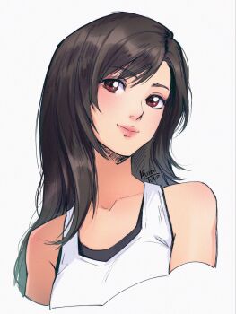1girl bare_shoulders black_hair blush closed_mouth collarbone commentary cropped_torso final_fantasy final_fantasy_vii final_fantasy_vii_remake highres kuroiitulip lips long_hair looking_at_viewer pink_lips red_eyes simple_background smile solo swept_bangs tank_top tifa_lockhart upper_body white_tank_top