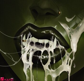 1girl absurdres after_fellatio artist_name close-up colored_skin cum cum_in_mouth cum_on_body face_piercing facial female_orc green_skin highres lips mouth_focus nose_piercing nyuunzi orc original piercing solo tusk_ring tusks