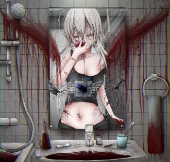 1girl absurdres black_shirt blood blood_splatter broken_mirror commentary_request contrapposto cowboy_shot crop_top cuts drawn_wings drugs faucet hand_up highres holding holding_phone injury izayoi398_rinne long_hair looking_at_viewer mirror navel_piercing noose original partial_commentary phone piercing pill_bottle pink_eyes print_shirt self-harm shirt sink slit_throat tile_wall tiles white_hair wrist_cutting