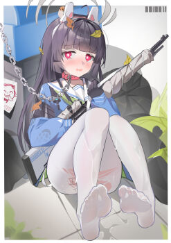 1girl absurdres animal_ears black_gloves black_hair blue_archive blue_shirt blush bright_pupils chain chain_leash collar commentary_request doodle_sensei_(blue_archive) fake_animal_ears feet gloves gun highres holding holding_gun holding_weapon leaf leash long_hair looking_at_viewer miyu_(blue_archive) open_mouth pantyhose rabbit_ears red_collar red_eyes sailor_collar see-through_pantyhose sensei_(blue_archive) shirt solo torn_clothes torn_pantyhose very_long_hair weapon wet wet_clothes wet_pantyhose white_pantyhose white_pupils white_sailor_collar xiaojuan_(user_ezvt7287)