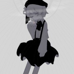 Rule 34 | 1girl, aie, beret, between fingers, cigarette, collared shirt, dress shirt, expressionless, feet out of frame, greyscale, hair ribbon, hair rings, half-closed eyes, halo behind head, hat, hatoba tsugu, highres, holding, holding cigarette, long sleeves, looking at viewer, mole, mole under eye, monochrome, neck ribbon, ribbon, shirt, shirt tucked in, short hair, skirt, sleeves past wrists, smoke, smoking, solo, spot color, standing, suspender skirt, suspenders, third-party source, tsugu (vtuber), virtual youtuber