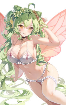 1girl absurdres ahoge arm_up armpits bare_arms bare_shoulders bell bikini black_choker breasts butterfly_wings choker cleavage commission cone_hair_bun flower frilled_bikini frilled_thigh_strap frills green_hair hair_bun hair_flower hair_ornament halterneck highres insect_wings jingle_bell large_breasts long_hair looking_at_viewer multicolored_hair navel open_mouth orange_eyes original ryu_o simple_background sitting smile solo spaghetti_strap stomach streaked_hair string_bikini swimsuit thigh_strap thighs twintails very_long_hair white_background white_bikini wings yokozuwari