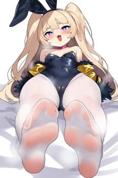 1girl :3 absurdres animal_ears azur_lane bache_(azur_lane) breasts cameltoe collar fake_animal_ears fang feet female_focus highres igarashi_gozo jacket leotard loli looking_at_viewer mesugaki open_clothes open_jacket pantyhose purple_eyes rabbit_ears revealing_clothes see-through_clothes small_breasts smug solo sweat thighs