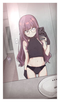 1girl absurdres bathroom black_gloves black_panties black_shirt bow bow_panties brown_hair cat cellphone fallenshadow glasses gloves highres indie_virtual_youtuber loli long_hair mirror navel no_pants panties pettan_(zeez4743) phone pink_eyes reflection selfie shirt sink sleeveless sleeveless_shirt smartphone smile taking_picture underwear virtual_youtuber