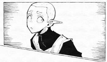 1boy absurdres buzz_cut constricted_pupils highres looking_to_the_side male_focus miregeist original parted_lips pointy_ears shirt short_eyebrows short_hair solo very_short_hair white_background wide-eyed