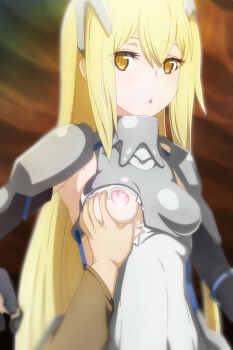 10s 1girl :o aiz_wallenstein armor armored_dress asymmetrical_breastplate bad_anatomy black_gloves blonde_hair blurry breastplate breasts brown_eyes cave depth_of_field dress dungeon_ni_deai_wo_motomeru_no_wa_machigatteiru_darou_ka elbow_gloves eyes_visible_through_hair gloves grabbing_another&#039;s_breast groping hair_between_eyes indoors long_hair long_sleeves looking_at_viewer medium_breasts nipples one_breast_out open_mouth rbx_lamen solo_focus sword_oratoria torn_clothes torn_dress waist_plate waistplate white_dress