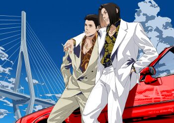 Rule 34 | 1980s (style), 2boys, arm around shoulder, black hair, bob cut, bridge, car, chain print, cigarette, cloud, commentary request, formal clothes, hand in pocket, highres, holding, holding cigarette, kiryu kazuma, male focus, motor vehicle, multiple boys, nicacu, nishikiyama akira, oldschool, parted bangs, pinstripe pattern, pinstripe suit, red car, retro artstyle, ryuu ga gotoku (series), ryuu ga gotoku 0, shirt, sky, suit, suspension bridge, white shirt