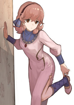 1girl absurdres against_wall breasts brown_eyes brown_hair brown_hairband commentary_request curly_hair dogansa dress expressionless fire_emblem fire_emblem_echoes:_shadows_of_valentia foot_out_of_frame foot_up genny_(fire_emblem) hairband hand_on_wall hand_up highres jewelry long_sleeves looking_at_viewer necklace nintendo pink_dress removing_shoes short_hair simple_background solo white_background