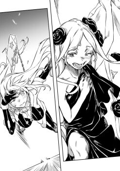 2girls absurdly_long_hair aged_down alternate_costume anna_sprengel bare_legs barefoot big_hair black_gloves black_leotard black_sleeves black_thighhighs blonde_hair blush breasts breasts_apart brown_eyes chain collarbone covering_breasts covering_privates cowboy_shot detached_sleeves dress embarrassed floating_hair flower gloves greyscale haimura_kiyotaka hair_flower hair_ornament half-closed_eye highres index_(toaru_majutsu_no_index) large_breasts leotard long_hair long_sleeves looking_at_viewer lower_teeth_only medium_breasts monochrome multiple_girls novel_illustration official_art open_mouth oversized_clothes rose shokuhou_misaki sketch standing star-shaped_pupils star_(symbol) symbol-shaped_pupils teeth thighhighs toaru_majutsu_no_index toaru_majutsu_no_index:_genesis_testament very_long_hair