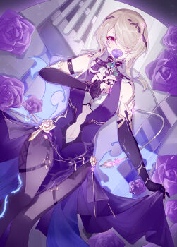 1girl absurdres black_pantyhose bra breasts bridal_gauntlets chinese_commentary commentary_request dress flower gloves hair_over_one_eye highres holding holding_flower honkai_(series) honkai_impact_3rd large_breasts looking_at_viewer mole pantyhose purple_dress purple_eyes purple_flower purple_gloves purple_rose rita_rossweisse rita_rossweisse_(miss_espionage) rose shiyan_w short_hair solo underwear white_bra
