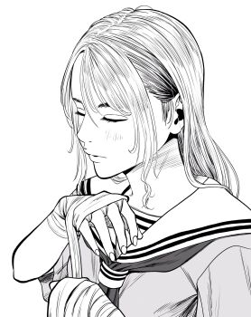 1girl adjusting_clothes closed_eyes commentary_request greyscale hair_behind_ear hand_wraps highres lee_(dragon_garou) light_blush lips monochrome neckerchief original portrait profile sailor_collar school_uniform serafuku sideburns solo