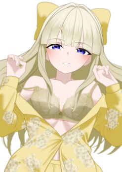 1girl absurdres blonde_hair blue_eyes blurry blush bra breasts commentary english_commentary eye_focus eyebrows_hidden_by_hair grey_background hair_ribbon highres long_hair looking_at_viewer lying mahou_shoujo_ni_akogarete on_back pajamas purple_eyes ribbon shorts simple_background small_breasts smile solo strap_slip tenkawa_kaoruko underwear xueli_shimazaki yellow_bra yellow_pajamas yellow_ribbon yellow_shorts yellow_theme