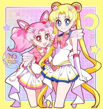 2girls bishoujo_senshi_sailor_moon blonde_hair blue_eyes blue_sailor_collar bow brooch chibi_usa choker cone_hair_bun double_bun elbow_gloves garnet_rod gloves gumii42 hair_bun hair_ornament heart heart_brooch heart_choker highres jewelry long_hair magical_girl multicolored_skirt multiple_girls pink_hair pink_sailor_collar red_bow sailor_chibi_moon sailor_collar sailor_moon sailor_senshi_uniform skirt smile super_sailor_chibi_moon super_sailor_moon tsukino_usagi twintails white_gloves