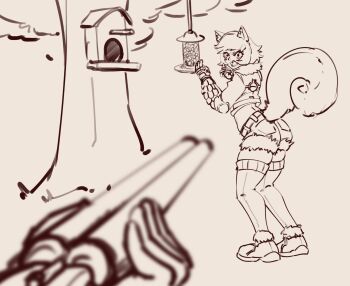 1girl 1other aiming animal_ears ass birdhouse cropped_jacket double-barreled_shotgun drawegg feral_instincts fingerless_gloves fur-trimmed_shorts fur_trim gloves greyscale gun hands_up highres jacket large_tail looking_at_viewer marvel marvel_rivals monochrome nut_(food) open_mouth outdoors short_hair shorts shotgun simple_background squirrel_ears squirrel_girl squirrel_girl_(marvel) squirrel_tail standing tail tree weapon white_background