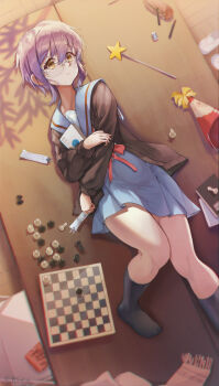 Rule 34 | 1girl, absurdres, black socks, blue sailor collar, blue skirt, book, brown cardigan, brown eyes, cardigan, chess piece, commentary request, eraser, glasses, hat, highres, holding, holding book, holding tanzaku, hugging book, hugging object, kita high school uniform, kneehighs, long sleeves, looking at viewer, nagato yuki, on table, party hat, pen, pencil case, purple hair, red ribbon, ribbon, sailor collar, scarf, school uniform, serafuku, shadow, shoes, short hair, skirt, socks, solo, star wand, suzumiya haruhi no shoushitsu, suzumiya haruhi no yuuutsu, table, tanzaku, thighs, unworn scarf, unworn shoes, user purg4332, uwabaki, white shoes, winter uniform
