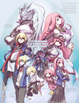 Rule 34 | 4boys, 4girls, age progression, blazblue, blonde hair, glasses, hakama, hakama skirt, hakumen, highres, japanese clothes, kisaragi jin, multiple boys, multiple girls, pink hair, simple background, skirt, smile, soumamigiri, tsubaki yayoi, uniform