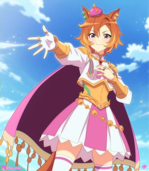 1girl animal_ears armor blush breasts cape closed_mouth crown ear_ornament fingerless_gloves gloves gold_armor gold_corset hair_between_eyes highres horse_ears horse_girl horse_tail jewelry long_sleeves looking_at_viewer meiji_(kurumierika) mini_crown multiple_rings orange_hair orange_tail pink_cape pink_crown purple_eyes ring shirt short_hair shoulder_armor single_glove skirt smile solo t.m._opera_o_(o_sole_suo!)_(umamusume) t.m._opera_o_(umamusume) tail thighhighs two-tone_skirt umamusume white_shirt white_thighhighs