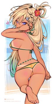1girl ark_evil02 ass back bare_legs barefoot bikini black_hair blonde_hair blue_eyes blunt_bangs blush bracelet braid braided_bangs brazilian_miku brazilian_miku_(cosplay) breasts cosplay ear_piercing earrings feet flower from_behind green_trim hair_between_eyes hair_flower hair_ornament hair_rings hashtag-only_commentary hatsune_miku highres jewelry large_breasts long_hair looking_at_viewer looking_back lynae_(wuthering_waves) medium_breasts multicolored_hair multiple_bracelets no_shoes piercing ring shoulder_blades sideboob skull_hair_ornament soles solo standing standing_on_one_leg star_(symbol) star_earrings swimsuit tan tanline toes wuthering_waves yellow_bikini