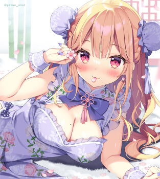 Rule 34 | 1girl, :3, arisugawa ruru, arm up, bamboo, blue bow, blue dress, blue nails, blush, bow, braid, breasts, brown hair, bun cover, character request, check character, cherry blossoms, cleavage, commentary request, double bun, dress, flower, hair bun, holding, holding flower, long hair, looking at viewer, medium breasts, mole, mole on breast, mouth hold, nail polish, oniichan continue!, pan (mimi), pink flower, red eyes, sleeveless, sleeveless dress, solo, twitter username, upper body, wrist cuffs