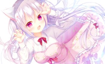 Rule 34 | 1girl, :d, amairo chocolata, animal ears, blurry, blush, bow, bowtie, breasts, cat ears, cat girl, center frills, claw pose, commentary, cowboy shot, depth of field, dress, dutch angle, fang, fingernails, floating hair, floral print, floral print dress, flower, frilled dress, frilled shirt, frills, fuwa mochiri, hair between eyes, hair flower, hair ornament, hands up, highres, kohana (amairo chocolata), large breasts, long hair, long sleeves, looking at viewer, open mouth, pink dress, print dress, red bow, red bowtie, red eyes, rose print, shirt, sidelocks, simple background, smile, solo, strapless, strapless dress, v-shaped eyebrows, very long hair, white background, white flower, white hair, white shirt