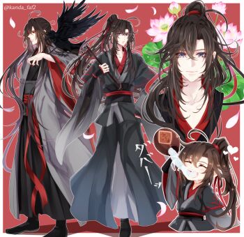 Rule 34 | 1boy, ahoge, alcohol, animal on arm, bird, bird on arm, bishounen, black bird, black boots, black hair, black hanfu, boots, chenqing flute, chibi, chibi inset, chinese clothes, closed eyes, closed mouth, coat, collarbone, commentary request, crow, dizi, drinking, falling petals, flower, flute, flute tassel, full body, grey coat, grey eyes, hair between eyes, hair down, hair ribbon, half updo, hanfu, heart, high ponytail, highres, holding, holding flute, holding instrument, holding jug, instrument, jug (bottle), kanda faf2, leaf, liquor, long hair, long sleeves, looking at viewer, looking to the side, lotus, lotus leaf, male focus, modao zushi, multiple views, official alternate costume, official alternate hairstyle, open clothes, open coat, open mouth, petals, pink flower, ponytail, pouring, red background, red eyes, red ribbon, red sash, ribbon, robe, sash, sidelocks, sleeves past wrists, smile, standing, tassel, transverse flute, twitter username, very long hair, wei wuxian, wei wuxian (yiling laozu), wide sleeves