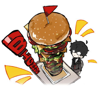 1boy absurdres amamiya_ren black-framed_eyewear burger cheese closed_mouth commentary_request food frown glasses highres jacket korean_commentary lapels lettuce long_sleeves looking_up male_focus notched_lapels persona persona_5 sach56000 school_uniform sesame_seeds shuujin_academy_school_uniform simple_background sitting sliced_cheese solo sweatdrop tomato tray white_background