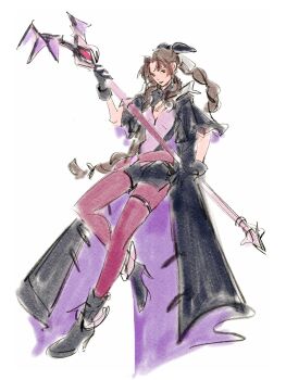 absurdres aerith_gainsborough aerith_gainsborough_(bahamut_robe) armor belt black_boots black_capelet black_coat black_gloves black_ribbon black_romper boots braid braided_ponytail breastplate breasts brown_belt brown_hair capelet coat final_fantasy final_fantasy_vii final_fantasy_vii:_ever_crisis floating full_body gloves hair_ribbon highres holding holding_staff long_coat long_hair loose_belt medium_breasts mmariesr official_alternate_costume pantyhose parted_lips purple_pantyhose ribbon romper sidelocks single_braid sketch sleeveless sleeveless_coat staff thigh_strap