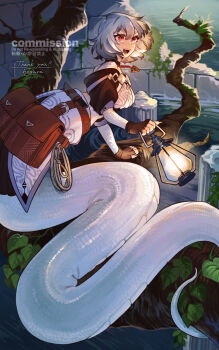 1girl :d bag black_hair breasts commentary_request fangs fingerless_gloves fingernails gloves grey_hair highres hogara holding holding_lantern lamia lantern large_breasts leaf long_fingernails long_hair medium_hair monster_girl multicolored_hair on_tree open_mouth original red_eyes smile snake_girl snake_tail tail